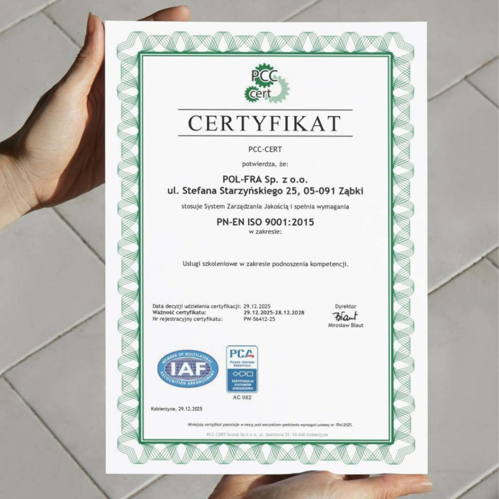 Certyfikat ISO 9001:2015 Pracadlaserwisanta